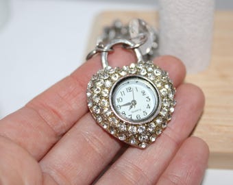 Vintage Silver Rhinestone Heart Shaped Pocket Watch with Chain