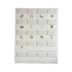 Pode incluir: Um gráfico botânico branco com ilustrações em aquarela de várias ervas e vegetais. Cada ilustração é acompanhada por linhas para registrar tipo, data, quantidade e notas. O gráfico foi projetado para organizar e rastrear produtos de jardim.