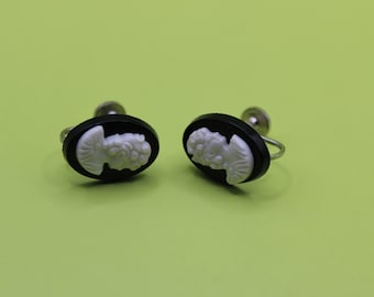 Vintage Mini Oval Black and White Woman Cabochon Screw Back Earrings