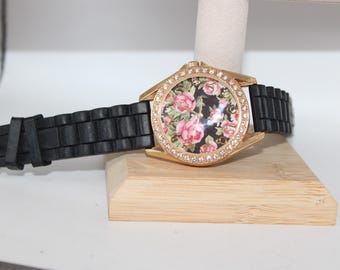 Rose Gold Watch Floral Roses Face Watch Black Band