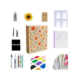 May include: An assortment of craft supplies, including a floral-patterned binder, pens, glue, a sunflower, seed packet, and notebooks. Also included are clear plastic sleeves, tweezers, scissors, and a black chalkboard.