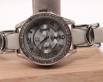 NYC Silver Tone Watch White Leather Band New Battery