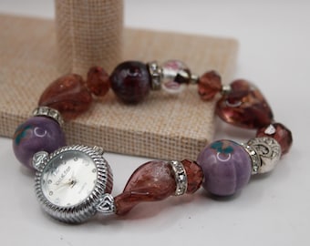 Vintage Unbranded Stretchy Beaded Purple Brown Silver Filigree Watch