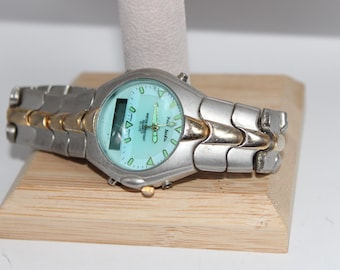 Vintage Silver Tone Paul Jardin Green Face Digital and Analog Watch