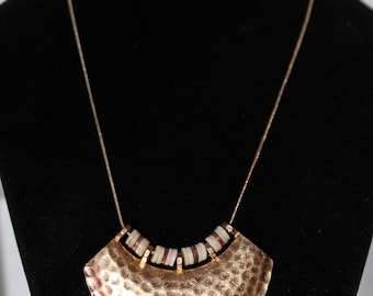 Chunky Gold Tone Bib Necklace C Signed White Beaded Vertical