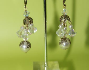 Vintage Crystal Bead Ball Chandelier Earrings Clip On Dangle Pearl Drop