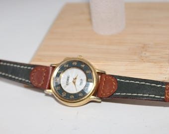Vintage Gitano Lunalite Quartz Light Brown Leather Band Gold Bezel