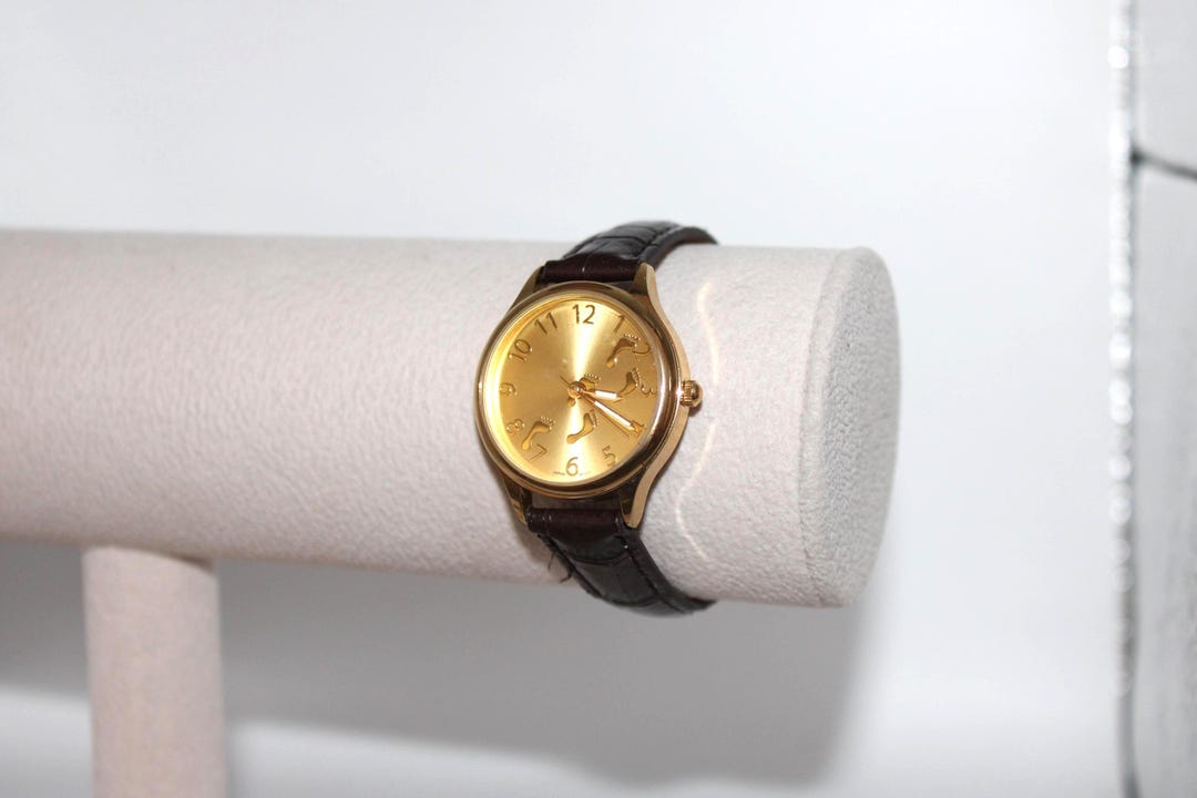 Vtg Gold Tone Brown Band Footprint Women's Wrist Watch Etched Backing ...