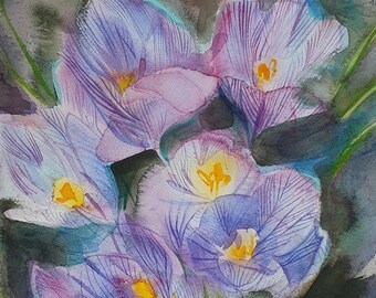 Krokusse. Original Aquarellmalerei. Ungerahmt. 27x37 cm