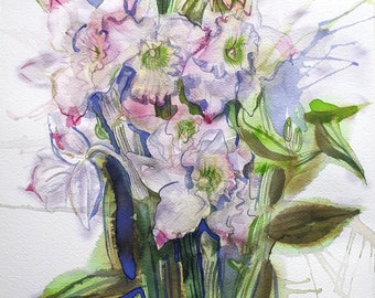 Dendrobium. Original Watercolor Painting. Unframed. 30x40 cm