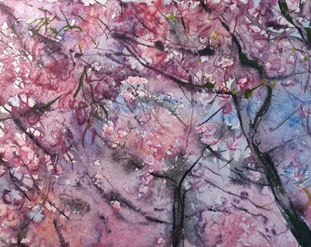 Cherry Blossom in Stockholm. Original Watercolor Painting. Unframed. 39x26 cm.