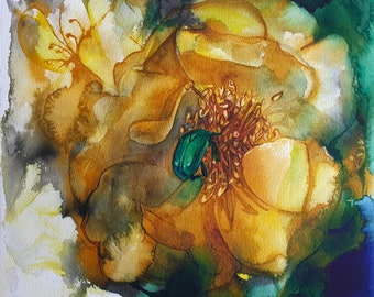 Beetle & Roses. Original Watercolor Painting. Unframed 30x30 cm