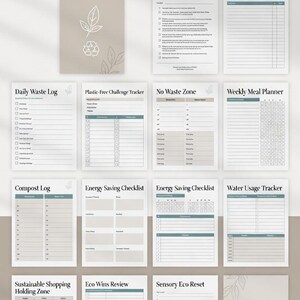 May include: A collection of printable PDF eco-friendly trackers, including a daily waste log, weekly meal planner, and energy-saving checklist. The bundle features a neutral color palette with teal accents and botanical illustrations, promoting sustainable living.