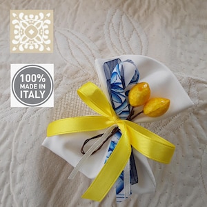 Segnaposto matrimonio, sacchettino bomboniera, limoni, bomboniera siciliana, confetti, decori giallo azzurro, fatto a mano, made in Sicily