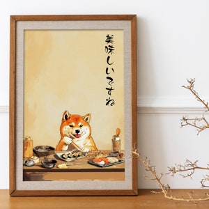 柴犬わびさびジャパンディ ウォールアート、寿司を食べる犬の美しい面白いプリント可能な日本のポスター、現代的な装飾、犬好きの方へのギフト