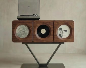 Set of 3 Vinyl Record Storage Cabinets, Solid Walnut LP Storage, Record Player Stand, Handmade Wood Cabinet, Medieval Style Furniture