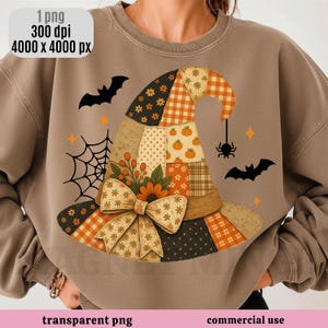 Patchwork Witch Hat PNG, Preppy Fall PNG, Coquette Fall Pumpkin Design, Autumn Sublimation, Halloween Shirt PNG, Vintage Harvest png