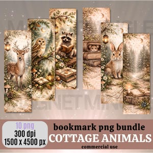 May include: A set of vintage-style bookmarks with woodland animal illustrations. Each bookmark depicts a different animal, such as a deer, owl, raccoon, mouse, and rabbit, in a forest scene. The bookmarks have a distressed, antique appearance.