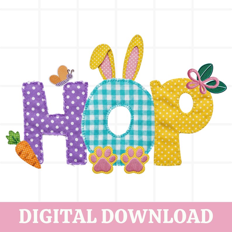 Pu&ograve; includere: Un colorato design a tema pasquale che scrive "HOP" con lettere di stoffa. La "H" &egrave; viola con pois bianchi, la "O" &egrave; a scacchi blu e bianchi e la "P" &egrave; gialla con pois bianchi. Include una carota, una farfalla, orecchie di coniglio e impronte di zampe.