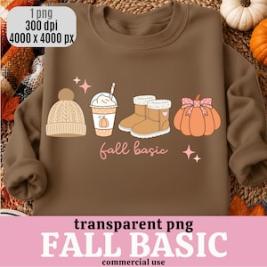 May include: A brown crewneck sweatshirt featuring a graphic print of a beige knit beanie, a coffee cup with a straw, tan boots with white trim, and an orange pumpkin with a pink polka dot bow, with the text fall basic written in pink script.