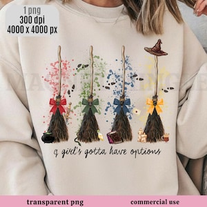 Una ragazza deve avere delle opzioni PNG, Scopa della scuola di magia PNG, Autunno magico Halloween PNG, Sublimazione scopa da strega, Design accogliente per maglietta autunnale
