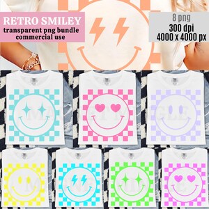 Pacchetto PNG di faccine sorridenti a scacchi retrò, faccine sorridenti al neon PNG, set PNG di faccine sorridenti Y2K di tendenza, scacchiera preppy png, design di magliette con faccine sorridenti colorate