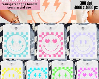 Retro geruite smiley png-bundel, neon smiley png, trendy Y2K-smiley png-set, preppy dambord png, kleurrijk shirtontwerp met smiley