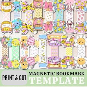 Set di segnalibri magnetici scolastici in stile retrò, modelli di segnalibri fai-da-te stampabili, download digitale per il ritorno a scuola, immagini PNG e JPG per la classe incluse. immagine 1