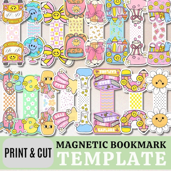 Retro Groovy School Magnetic Bookmark Bundle, Printable DIY Bookmark Templates, Back to School Digital Download, Classroom PNG JPG Included