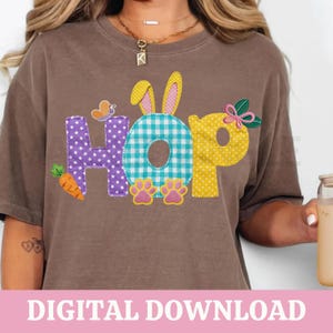 Pu&ograve; includere: T-shirt marrone con la scritta "HOP" in lettere colorate in stile patchwork. La "H" &egrave; viola a pois bianchi, la "O" &egrave; a quadretti blu e bianchi e la "P" &egrave; gialla a pois bianchi. Tema pasquale.