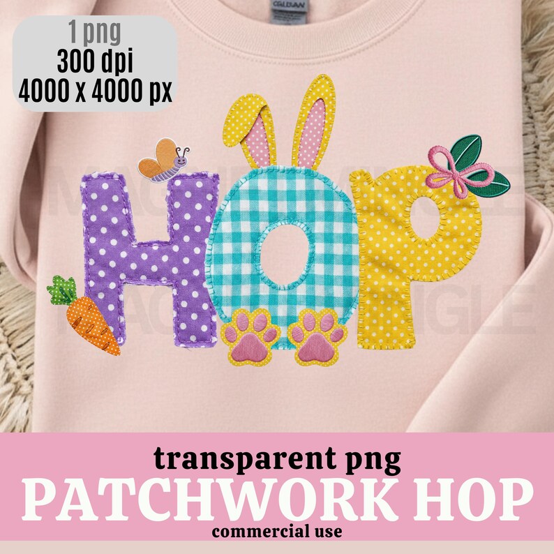 Pu&ograve; includere: Felpa rosa chiaro con un design patchwork che recita "HOP". La "H" &egrave; viola a pois bianchi, la "O" &egrave; a scacchi blu e bianchi e la "P" &egrave; gialla a pois bianchi. Include una carota, una farfalla e impronte di zampe.