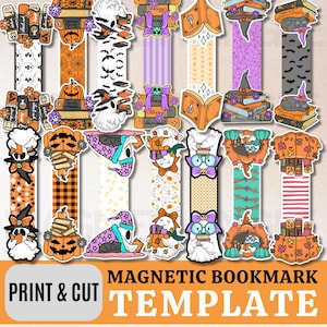 May include: A collection of rectangular magnetic bookmarks featuring various Halloween-themed illustrations including ghosts, pumpkins, stacks of books, cats, and witch hats in orange, purple, black, and white. The text PRINT & CUT MAGNETIC BOOKMARK TEMPLATE is visible at the bottom.