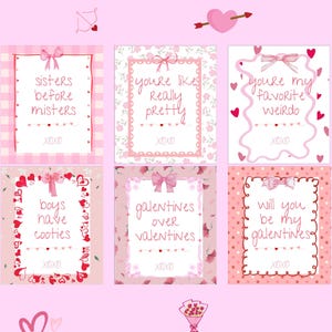 Afdrukbare Galentine's Day-kaarten voor vrienden, grappige collega-valentijnskaarten, girly roze coquette-strik handgetekende valentijn, vriendinnen bende BFF's, bestie
