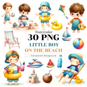 Aquarell Sommer PNG, Kleiner süßer Junge am Strand, Sommer ClipArt, Maritime Clipart, Clipart für digitalen Download, Sublimation