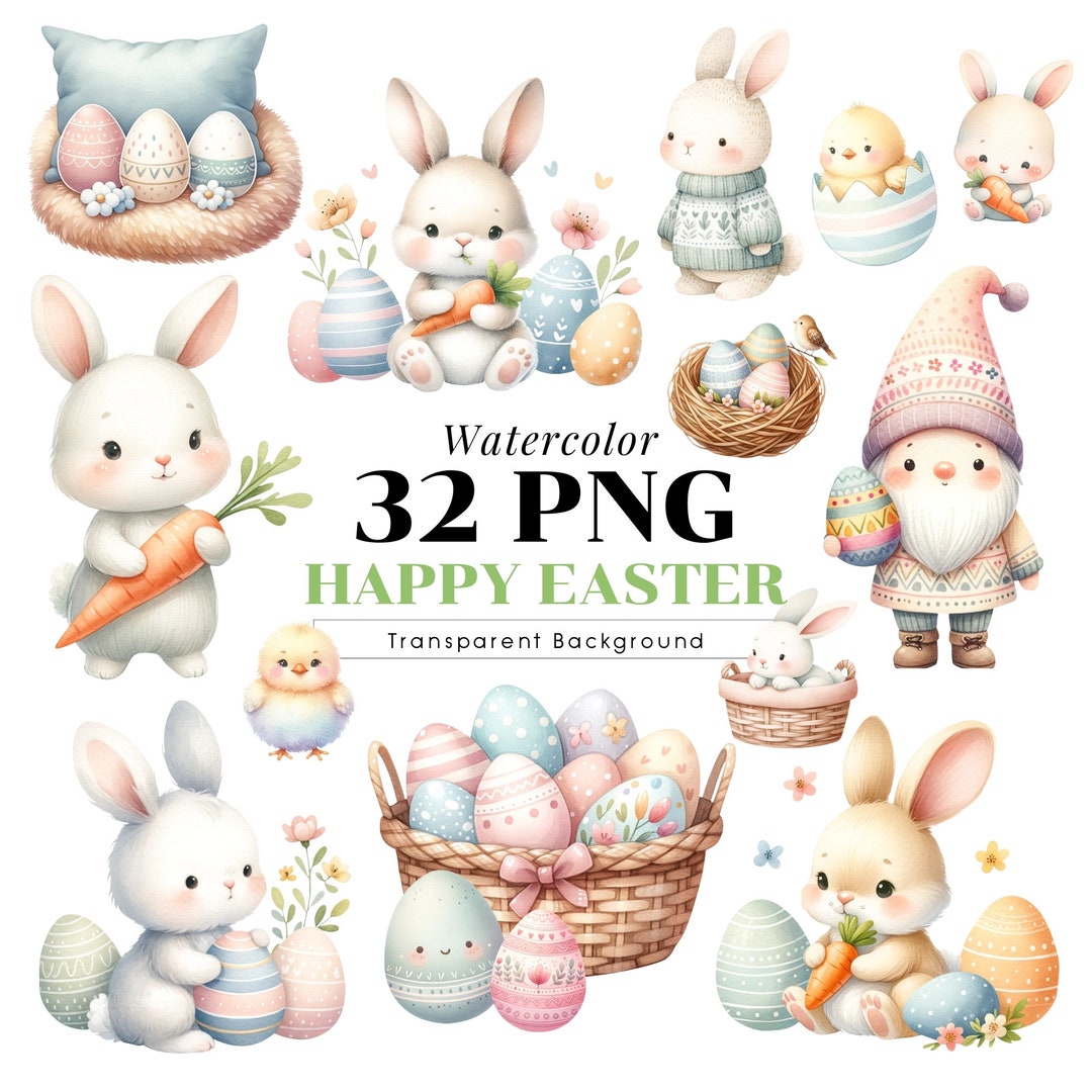 Watercolor Easter Clipart, Cute Bunny Rabbit Png, Baby Chicken, Spring ...