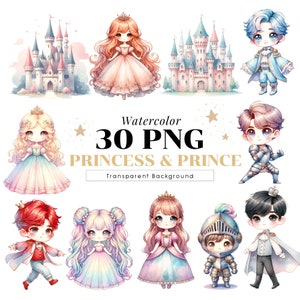 Prinses aquarel clipart, Prins illustraties, ridder sprookjeskasteel, schattig sprookjes koninkrijk, PNG bundel sticker, decor van de kwekerij, commercieel gebruik