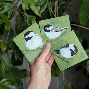 Original acrylic Chickadee Bird Magnets: Hand-Painted Painting Set of 3