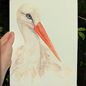 Dipinto originale ad acquerello di una cicogna bianca, pezzo unico per la decorazione della parete della casa. Opera dipinta a mano: il regalo perfetto per gli amanti degli uccelli.