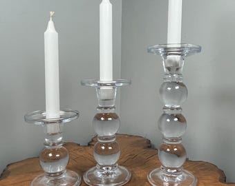 Set of 3 Clear Glass Candle Holders with White Taper Candles – Modern Bubble Orb Design – 9.5”, 7” & 5” – Minimalist Table Décor (One with S