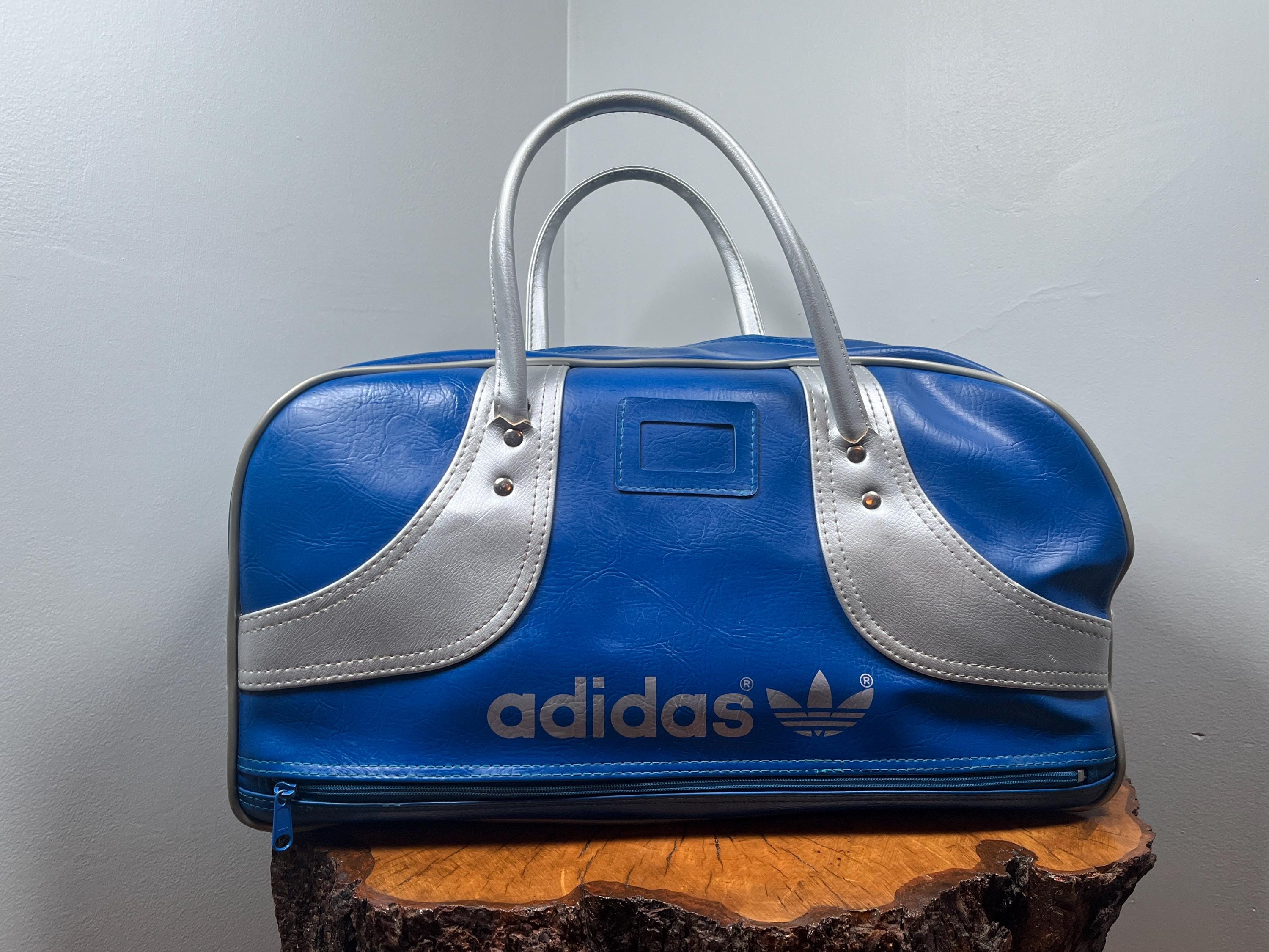 Blue & Grey Vintage Adidas Duffle Sports Bag Made in Hong Kong Art