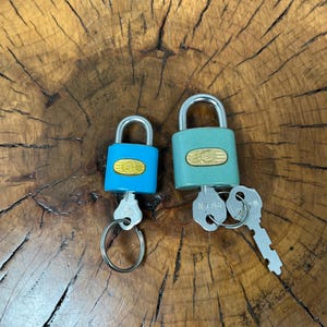 Puede incluir: Dos pequeños candados, uno azul y otro verde azulado, con arcos de metal plateado. El candado azul tiene un emblema dorado. Cada candado tiene una llave adjunta. El fondo es una superficie de madera.