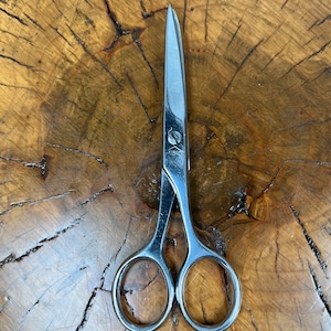 Könnte beinhalten: Eine silberne Schere mit schlichtem Design. Die Schere hat eine einzelne Schraube in der Mitte und liegt auf einer Holzoberfläche.