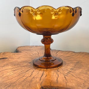 Vintage  Indiana Glass Amber &quot;Tesrdrop&quot; Pedestral Bowl Compote w/Scalloped Rim