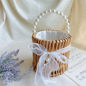 Pearl Chain Bucket Handbag, Straw Woven Handbag