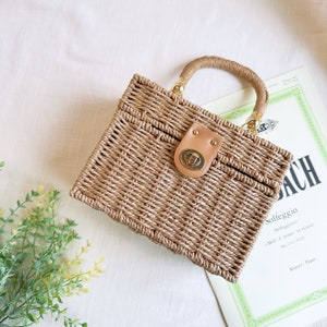 Woven Straw Rattan Handbag, Pastoral Style Bucket Bag