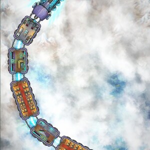 May include: A top-down digital illustration of a fantasy train flying through clouds. The train consists of a locomotive and six connected carriages, each featuring detailed interior layouts with furniture, seating, and glowing blue energy trails.