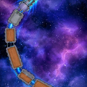 May include: A top-down digital illustration of a futuristic space train traveling through a vibrant purple and blue nebula. The train consists of a metallic engine followed by several rectangular carriages with wooden floors and glowing blue energy links.