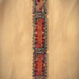 May include: A top-down digital map of a four-car train traveling across a sandy desert landscape. The train features a locomotive engine, two passenger carriages with red seating, and a cargo car. The text Sanctum of Maps is visible.