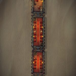 May include: A top-down digital map of a three-car train featuring a locomotive engine, a passenger carriage with red seating, and a cargo car. The interior shows wooden flooring, glowing lanterns, and detailed mechanical components on the train exterior.