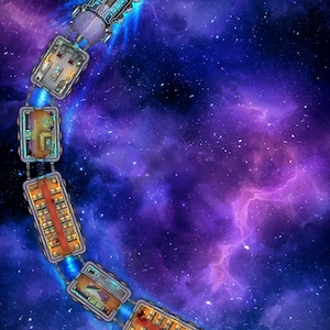 May include: A top-down digital map of a space train consisting of an engine and six connected carriages, each featuring detailed interior layouts with furniture and equipment, set against a vibrant purple and blue nebula background with stars.